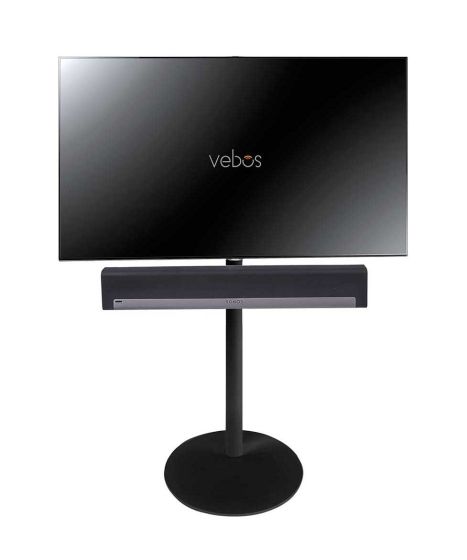 Black Vebos TV floor stand with Sonos Playbar