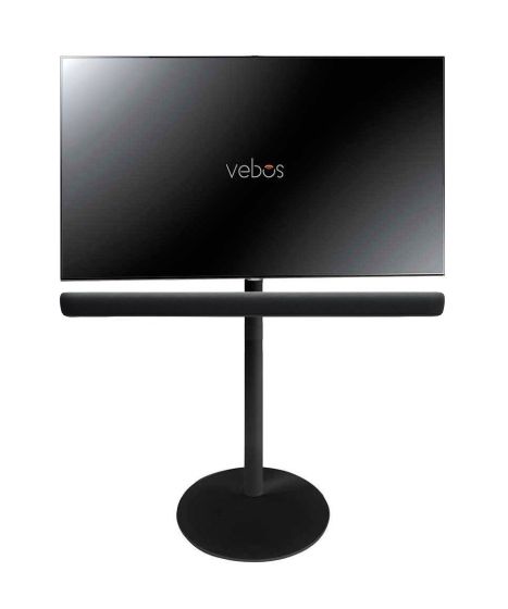 Black Vebos TV floor stand with Yamaha Sound Bar