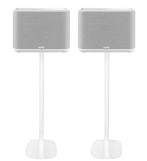 Set of two white Vebos floor stands with Denon Home 350