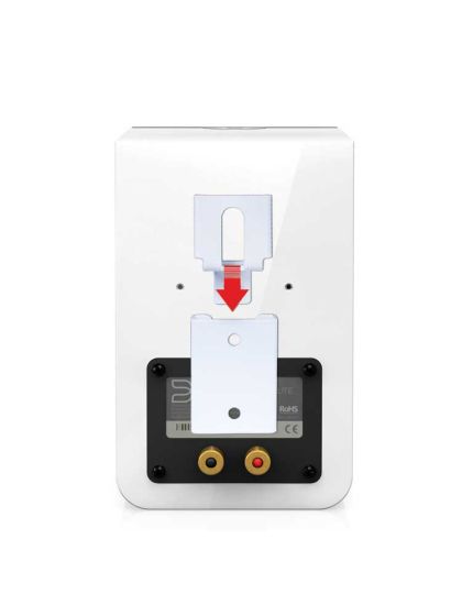 White Vebos portable wall mount for Bluesound Duo