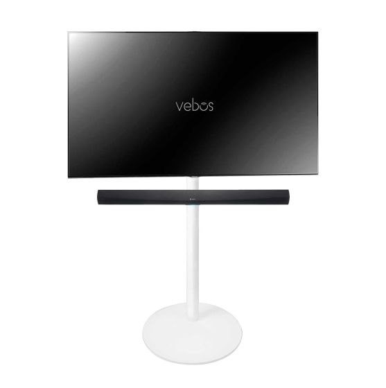 White Vebos TV floor stand with Hisense Soundbar