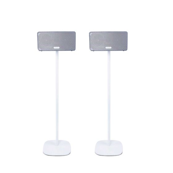 Set of two white Vebos floor stands with Sonos Play 3