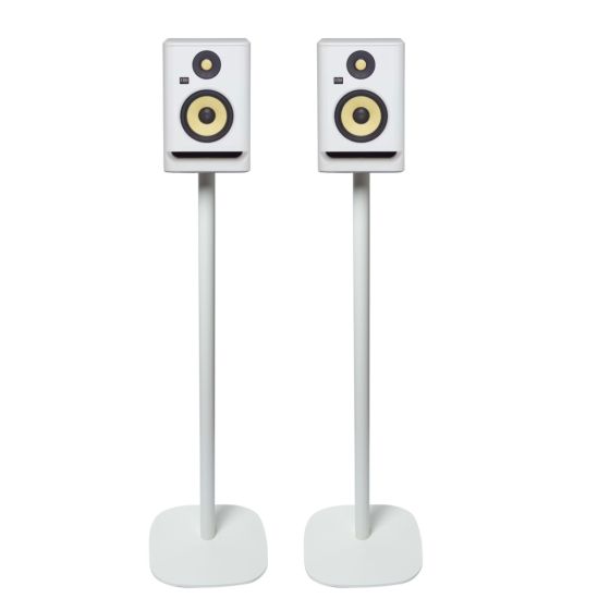 Set of two white Vebos floor stands with Bookshelf Speaker