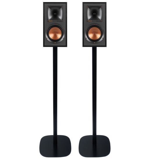 Set of two black Vebos floor stands with Bookshelf Speaker