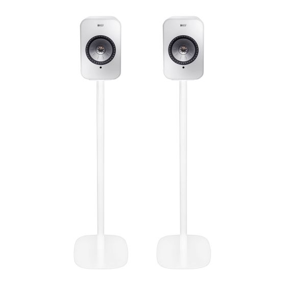Set of two white Vebos floor stands with KEF LSX