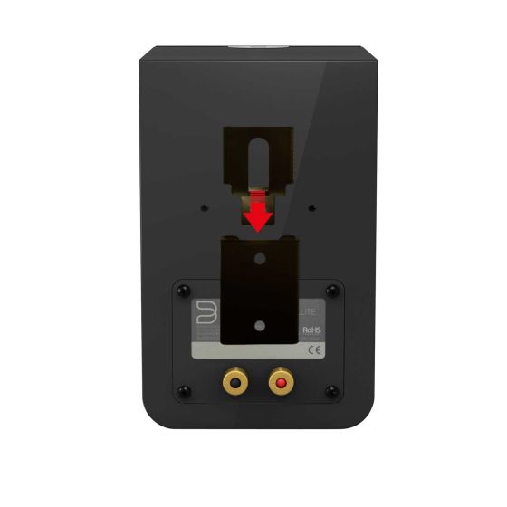 Black Vebos portable wall mount for Bluesound Duo