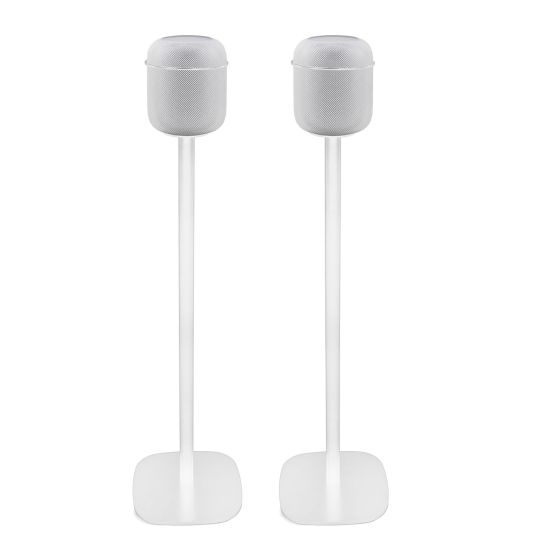 Set of two white Vebos floor stands with Apple HomePod
