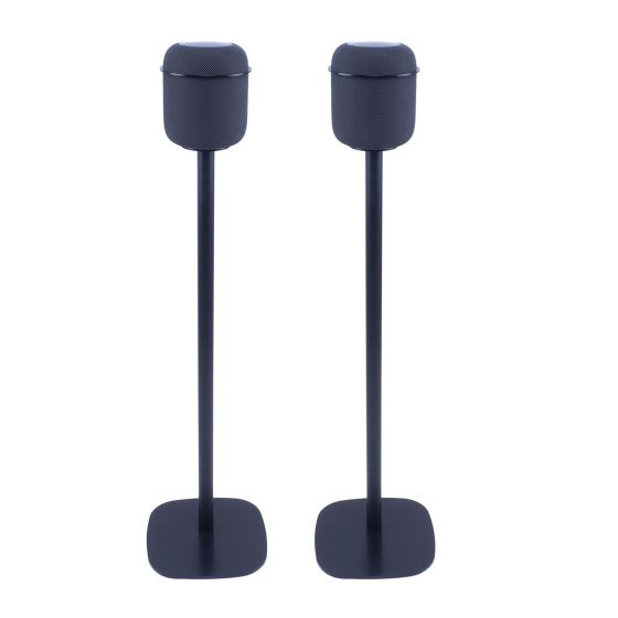 Set of two black Vebos floor stands with Apple HomePod