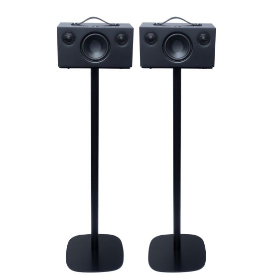 Set of two black Vebos floor stands with Audio Pro Addon C5