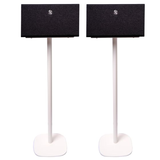 Set of two white Vebos floor stands with Audio Pro C10