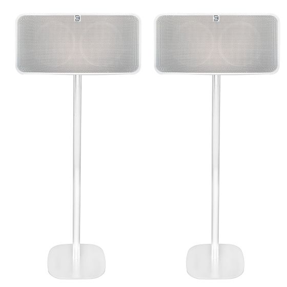 Set of two white Vebos floor stands with Bluesound Mini