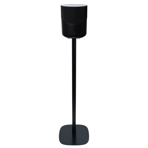 Black Vebos floor stand with Bluesound Pulse M