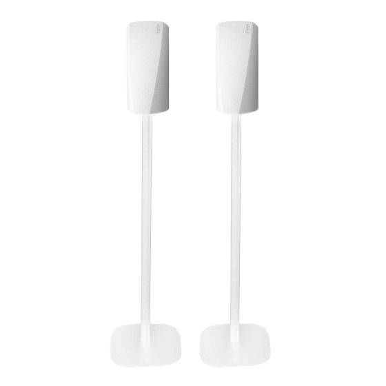 Set of two white Vebos floor stands with Denon HEOS 3