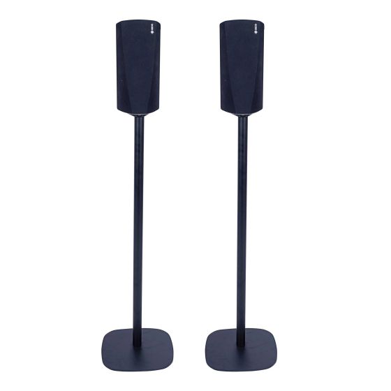 Set of two black Vebos floor stands with Denon HEOS 3