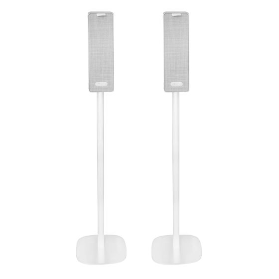 Set of two white Vebos floor stands with Ikea Symfonisk vertical