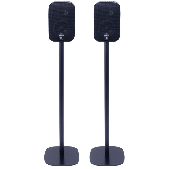 Set of two black Vebos floor stands with JBL Control One