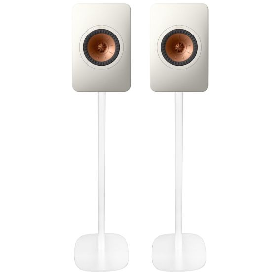 Set of two white Vebos floor stands with KEF LS50