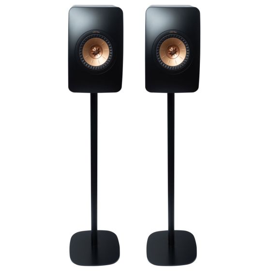 Set of two black Vebos floor stands with KEF LS50