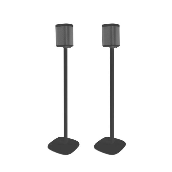 Set of two black Vebos floor stands with Sonos Play 1