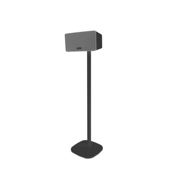 Black Vebos floor stand for Sonos Play 3 shown from the left