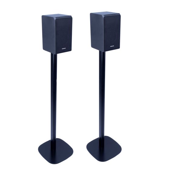 Set of two black Vebos floor stands with Samsung HW-K950