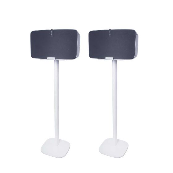 Set of two white Vebos floor stands with Sonos Five