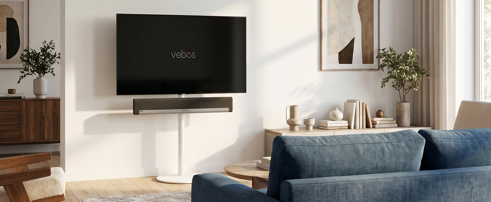 A television mounted on a TV stand for a neutral wall.
